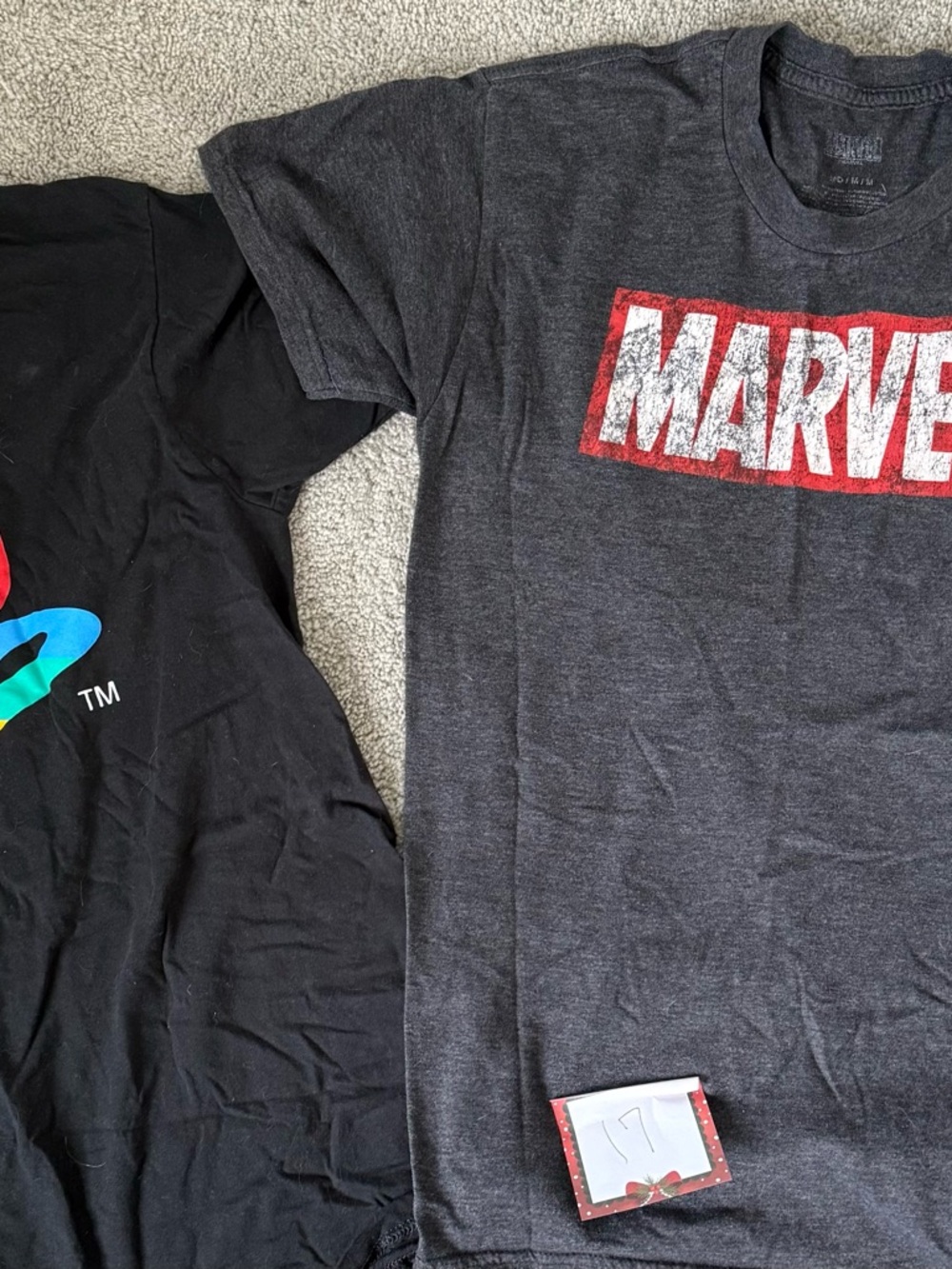 Marvel Heather Gray Tee with Red & White Distressed Logo, and Play Station Black